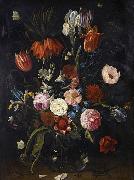 Jan Van Kessel the Younger A still life of tulips, a crown imperial, snowdrops, lilies, irises, roses and other flowers in a glass vase with a lizard, butterflies, a dragonfly a china oil painting artist